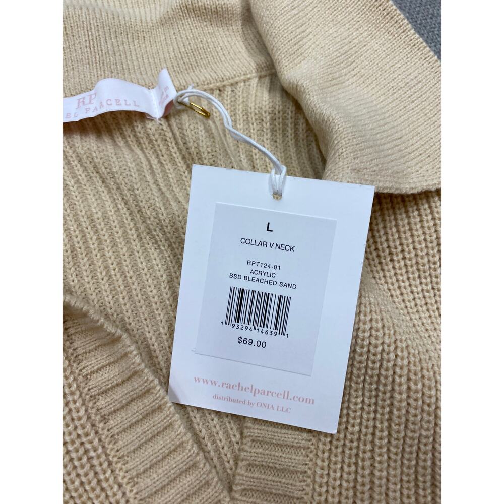 Rachel Parcell Collar V-Neck Sweater, Long Sleeve, Tan, Bleached Sand, Large NWT - Picture 4 of 9